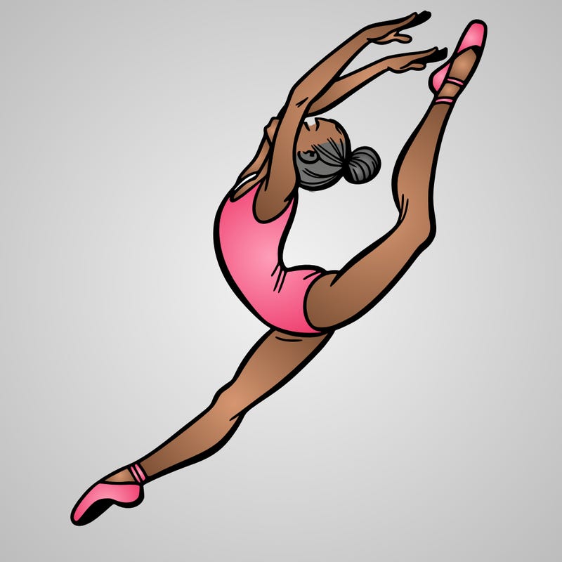 gymnast doing a leap in a leotard with a bent back leg