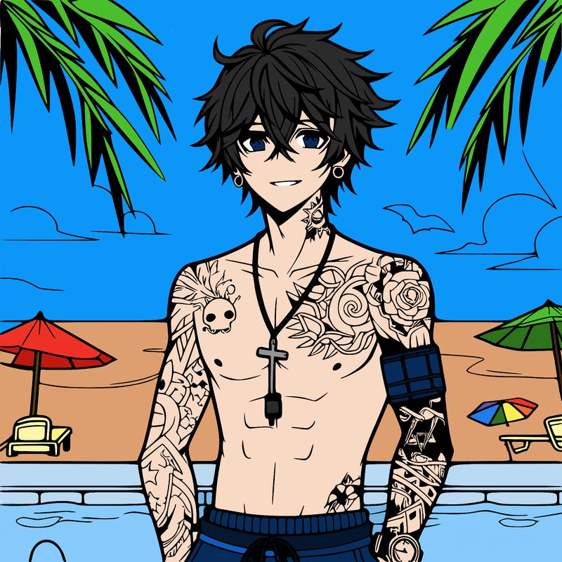 anime boy with messy hair tattos and piercings wearing a watch no shirt abs wearing swimming trunks at a pool