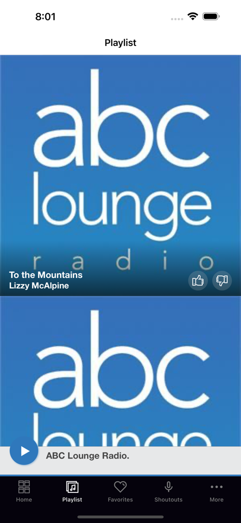 ABC Lounge Radio. - Schermata della playlist dell'app ABC Lounge Radio che mostra il brano attualmente in riproduzione e il menu di navigazione