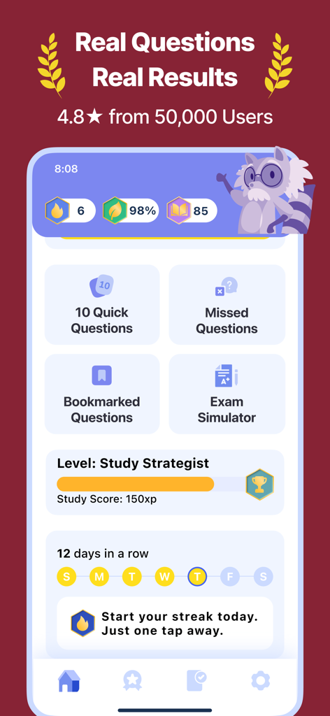 ASVAB Practice Test | 2026 - A mobile app dashboard for ASVAB test preparation featuring study streaks and progress tracking