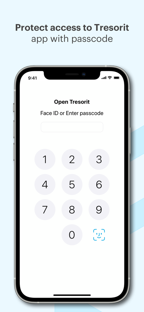 Tresorit app lock screen featuring passcode entry and Face ID authentication for secure access