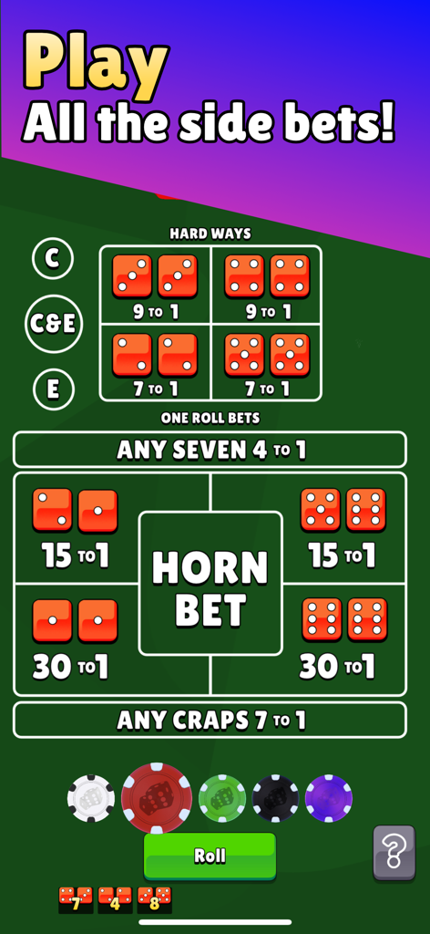Bubble Craps - Mobile gameplay screen of Bubble Craps showing side bets like Hard Ways and Horn Bet on a green casino table layout.