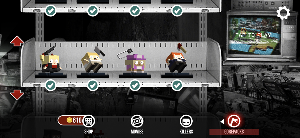 Slayaway Camp game menu showing gorepack selections and voxel characters with a retro VHS aesthetic.