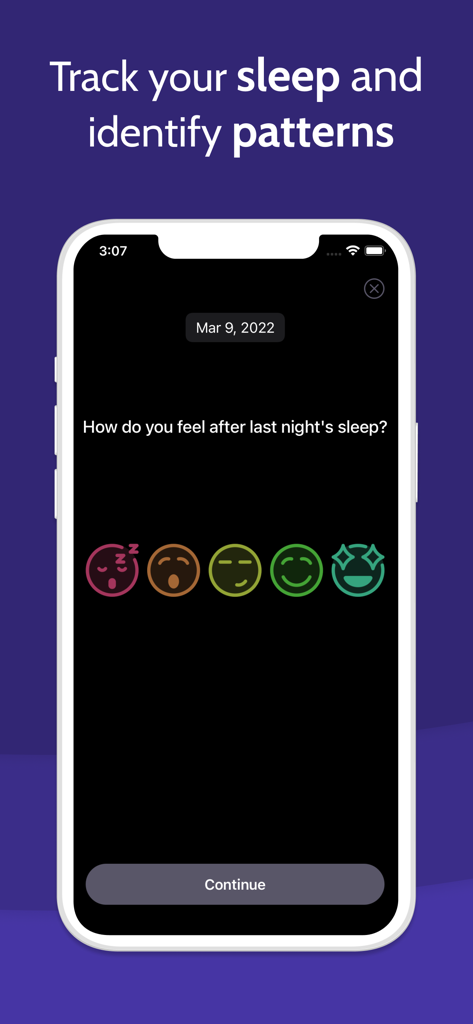 Bildschirm eines Mobiltelefons, der eine tägliche Umfrage zur Schlafqualität mit fünf Emoji-Bewertungsoptionen in der Restful CBT-i-App zeigt.