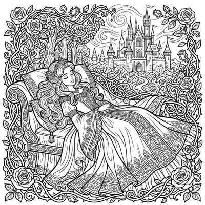 Journey into a classic fairy tale with this beautiful coloring page featuring Princess Aurora from Sleeping Beauty. She rests peacefully amidst intricate roses and a grand castle, ready for your artistic touch.