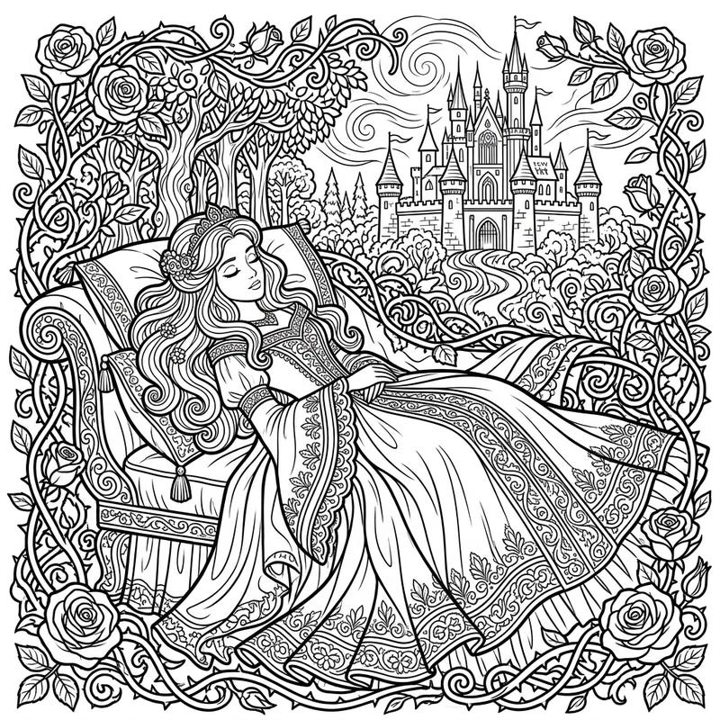 Journey into a classic fairy tale with this beautiful coloring page featuring Princess Aurora from Sleeping Beauty. She rests peacefully amidst intricate roses and a grand castle, ready for your artistic touch.
