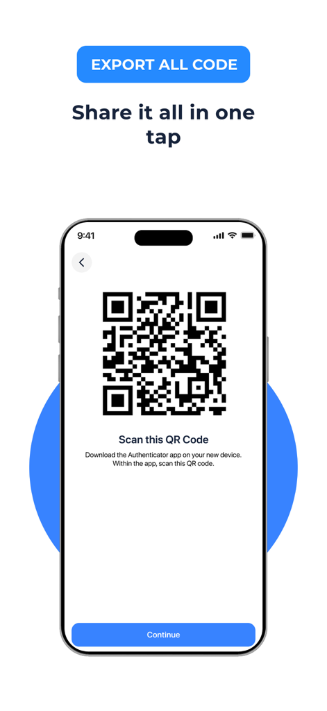 Interface montrant un code QR pour exporter et partager tous les codes de sécurité 2FA en un seul clic