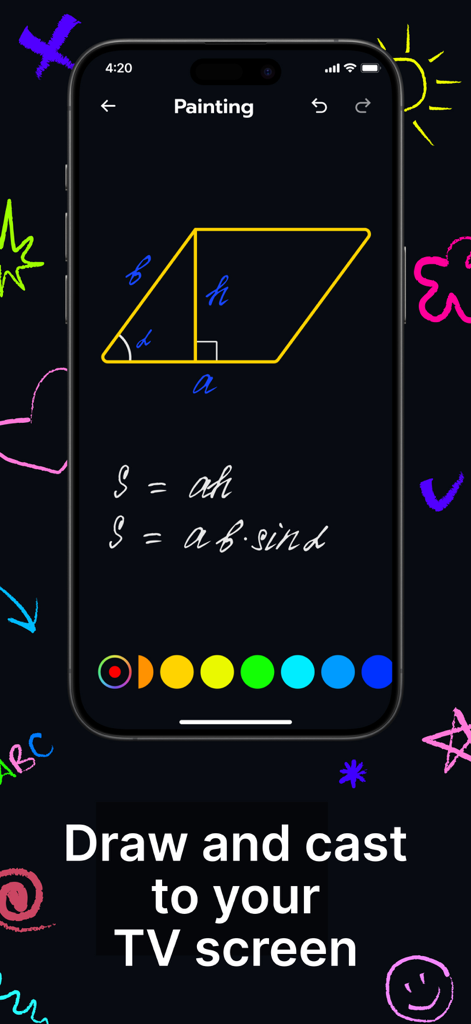 iPhone-Bildschirm, der eine mathematische Geometriezeichnung mit dem Text Zeichnen und auf Ihren Fernseher übertragen zeigt