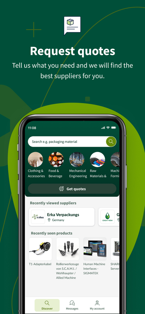 Europages B2B marketplace app interface showing how to search for suppliers and request quotes across various industries