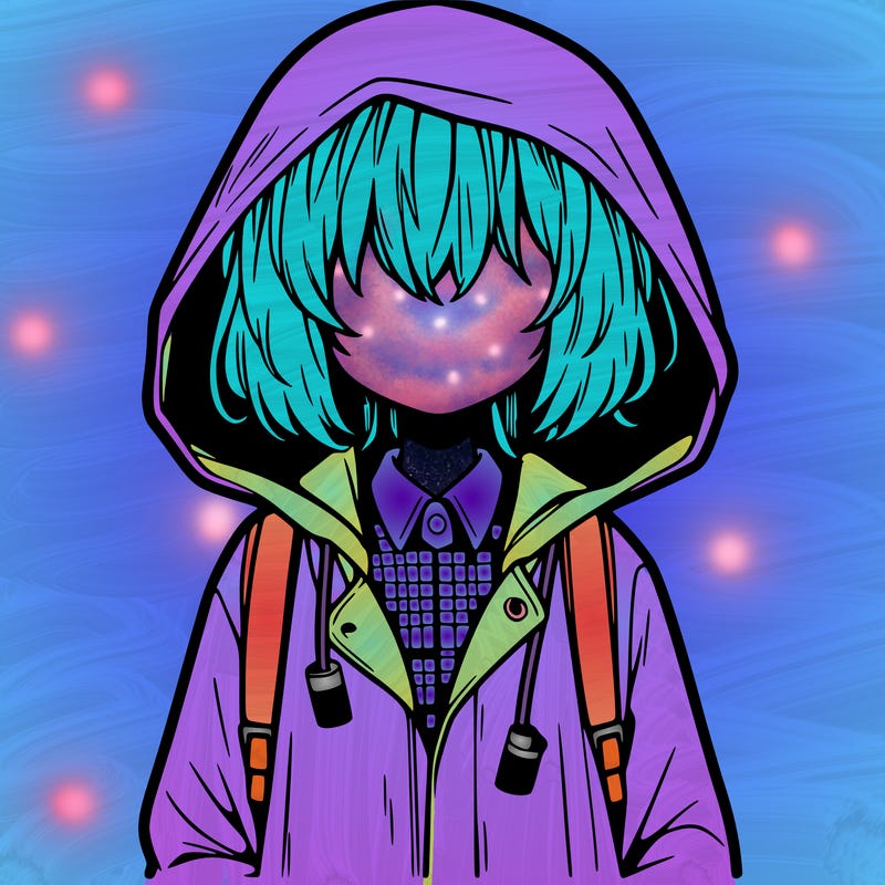 little anime girl in a raincoat her hair is covering her eyes she has a lighter