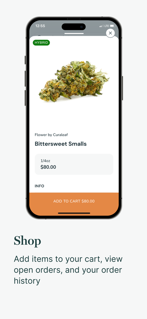 Curaleaf plus app screenshot showing a product detail page for a cannabis flower called Bittersweet Smalls with an add to cart button
