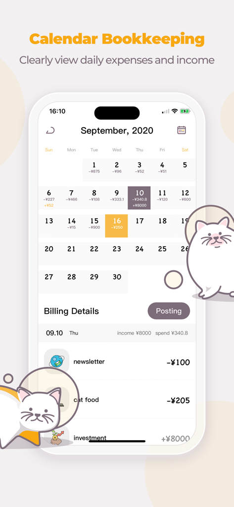 Money Cats - Bookkeeping Cost - Money Cats bookkeeping calendar interface showing daily financial records and cute cats