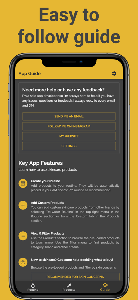 Mobile app screenshot showing the easy to follow guide and key features of the Skincare Routine app.