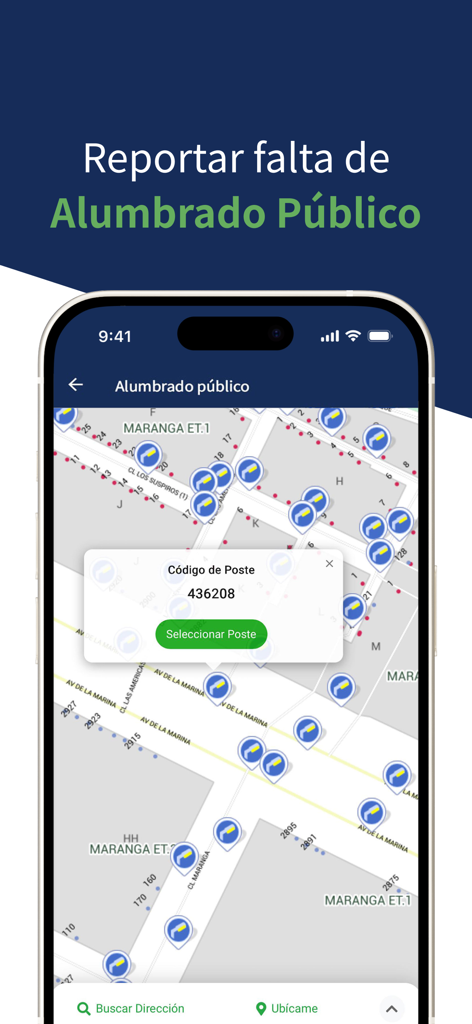 Pluz - Map interface in the Pluz app for reporting public lighting issues.