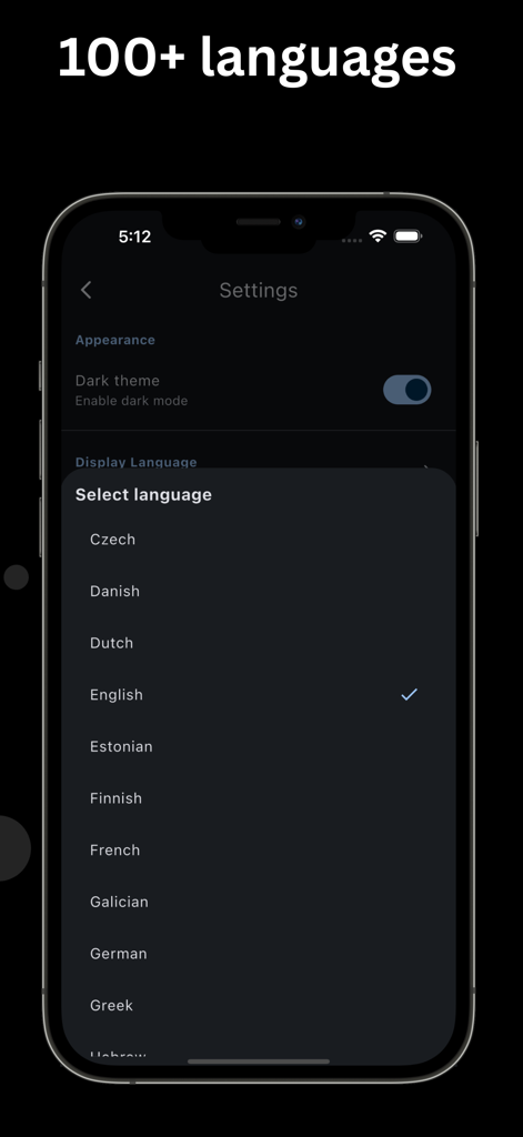 Travel Translator app interface showing a list of over 100 supported languages for selection