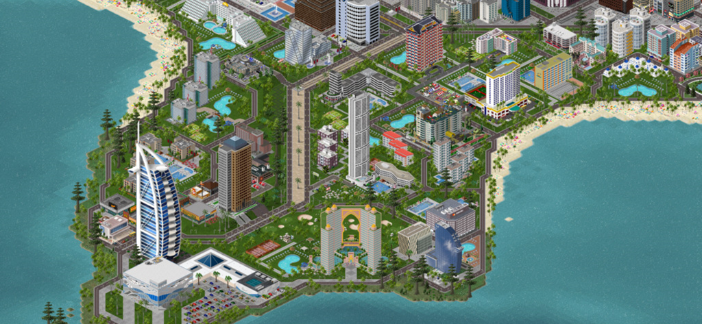 TheoTown - A detailed pixel art coastal metropolis with skyscrapers and beaches in TheoTown city simulation.