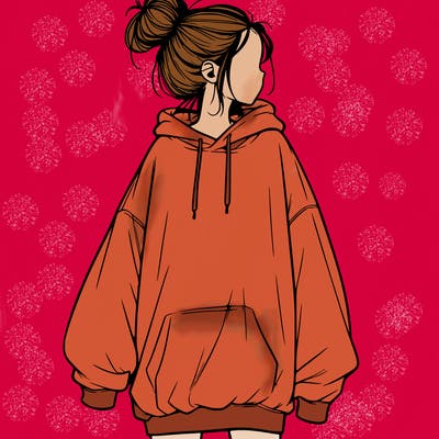 realistic girl with a oversized sweatshirt on and a bun