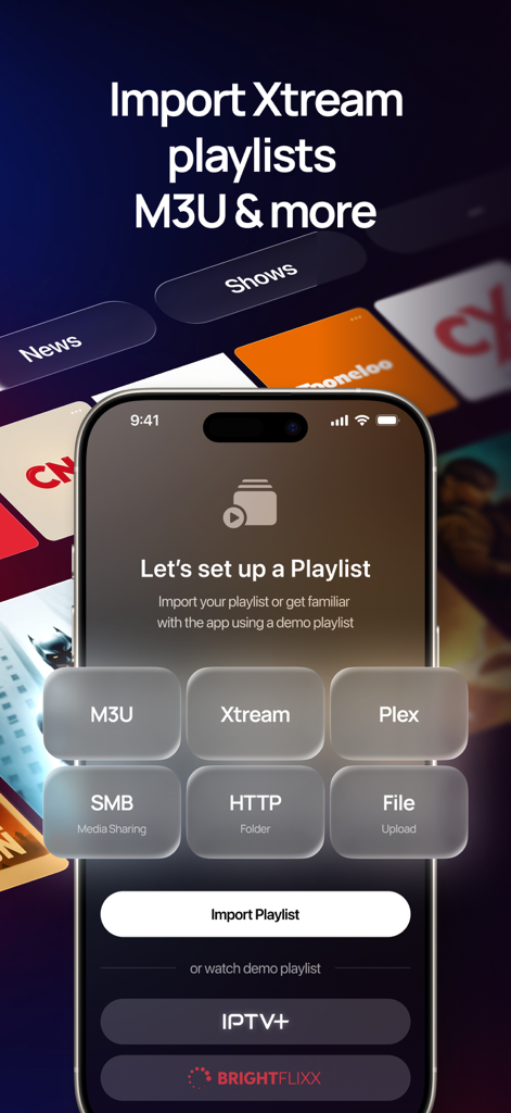 IPTV Plus - IPTV Plus app interface on iPhone showing playlist setup options for M3U and Xtream codes