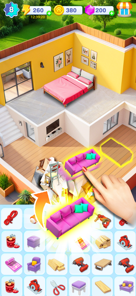 A hand placing a pink sofa into a renovated room within the Merge Home Master mobile game.