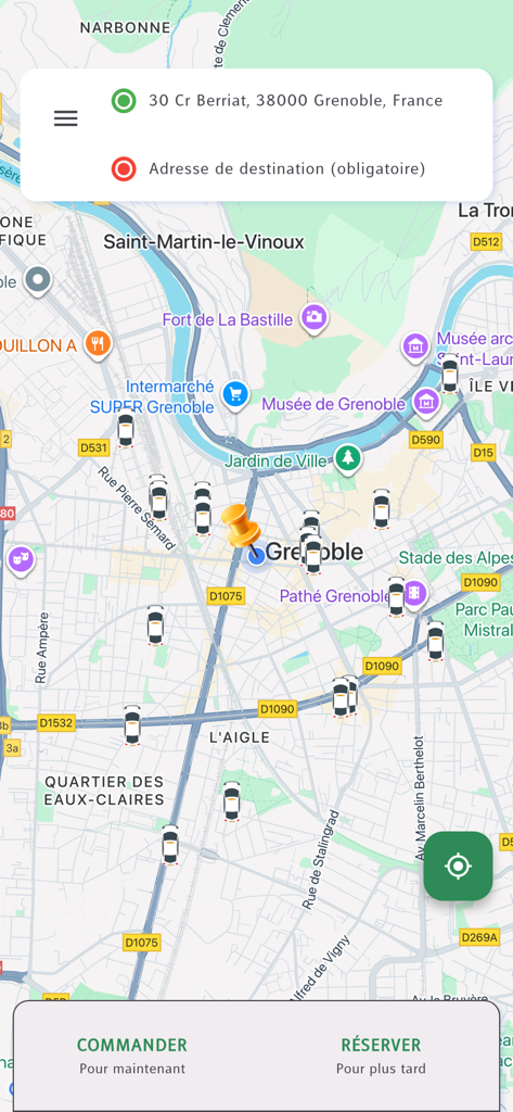 Taxis Grenoblois - Interface de l'application Taxis Grenoblois montrant une carte de Grenoble avec les taxis disponibles et les options pour commander ou réserver un trajet