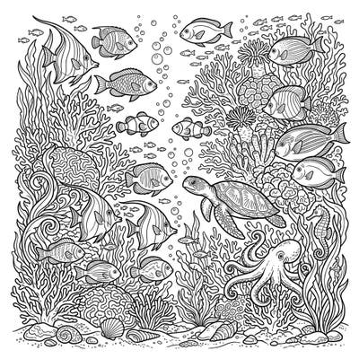 Dive into a breathtaking underwater scene filled with a variety of intricate marine life, from playful fish and majestic sea turtles to detailed coral reefs. This captivating coloring page offers hours of creative relaxation, perfect for exploring the wonders of the ocean.