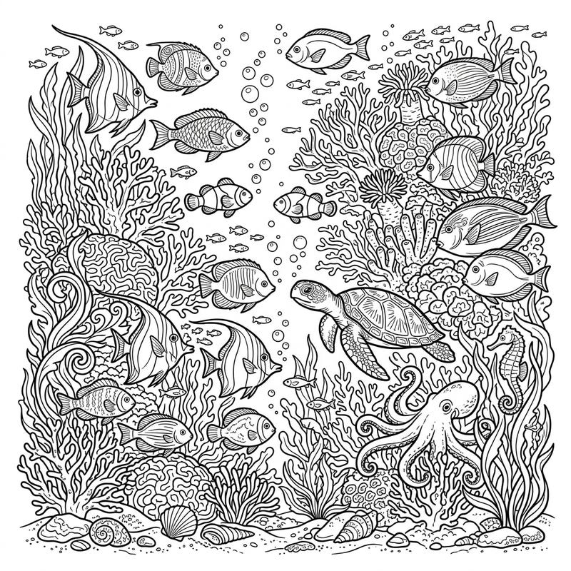 Dive into a breathtaking underwater scene filled with a variety of intricate marine life, from playful fish and majestic sea turtles to detailed coral reefs. This captivating coloring page offers hours of creative relaxation, perfect for exploring the wonders of the ocean.