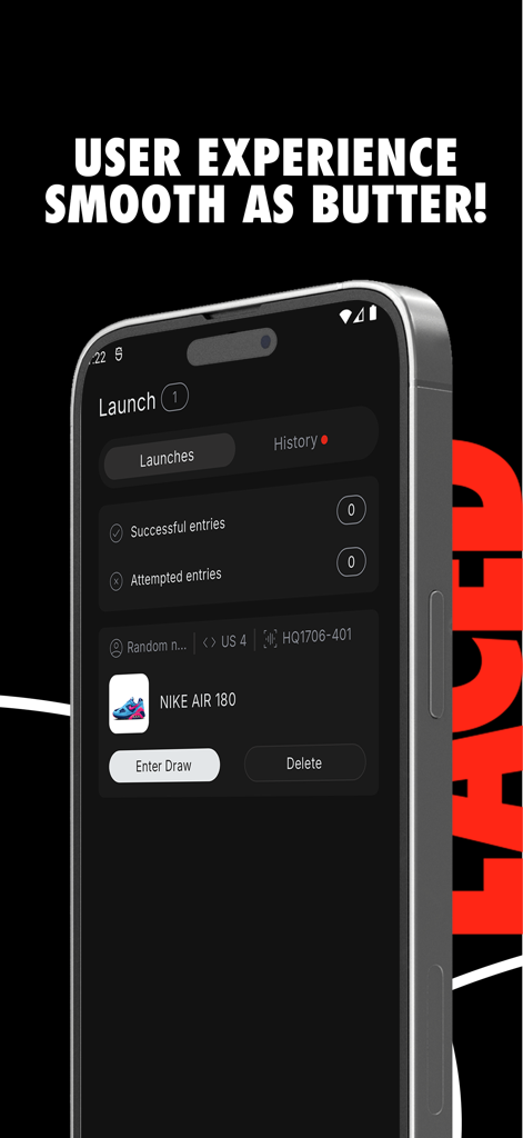 Laced app dashboard showing a Nike Air 180 draw entry and success statistics
