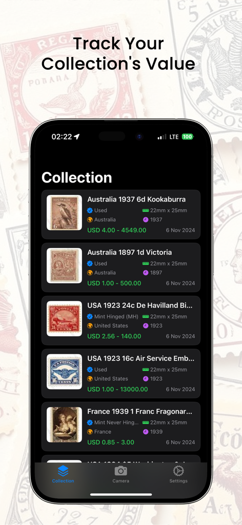 Stamp Identifier Value Scanner - A smartphone interface showing a digital stamp collection with identified stamps and their estimated market values.