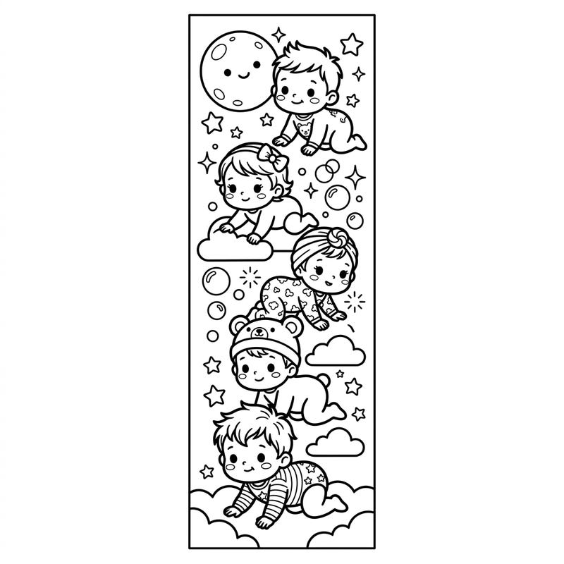 Dive into a world of cuteness with this charming bookmark coloring page, featuring five delightful crawling babies. Perfect for adding a personalized touch to your favorite books, this template offers endless creative possibilities.