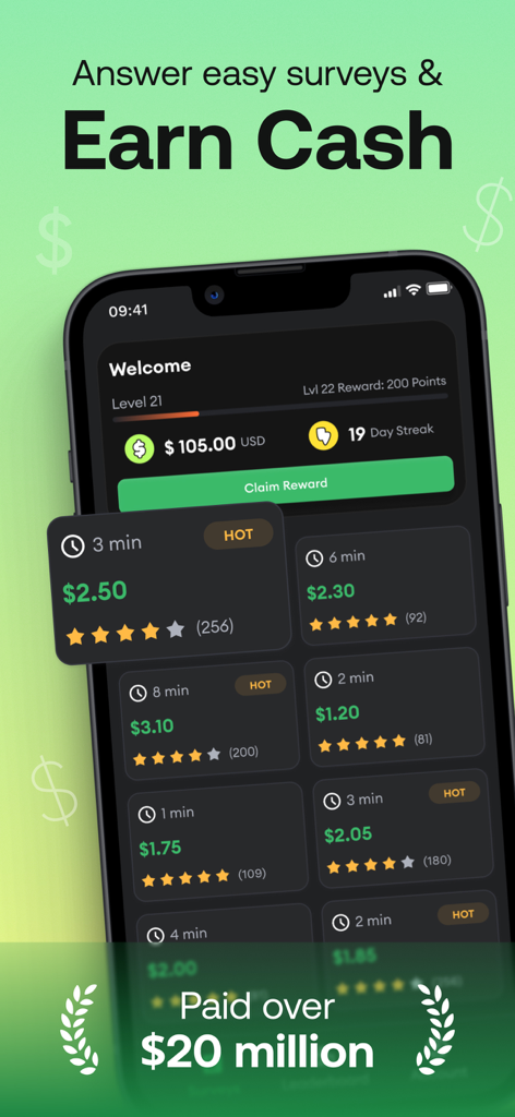 HeyCash - Earn Free Cash Now - Panel de la aplicación HeyCash mostrando encuestas pagadas y recompensas en efectivo