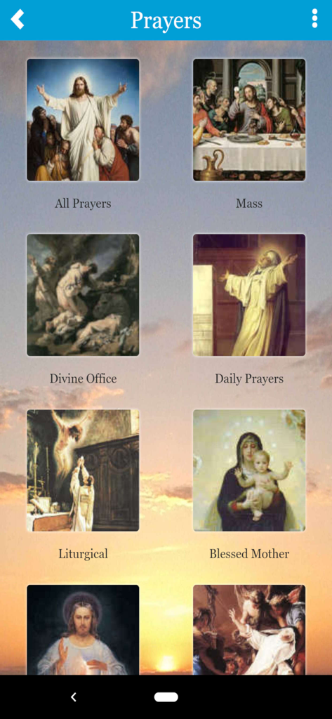 Menu of prayer categories in the My Catholic Life app with classical religious art icons for Mass and Divine Office