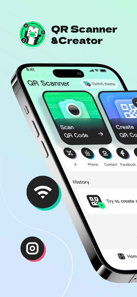 QR Scanner - Create, Scan - iPhone screen displaying QR Scanner and Creator app interface with scan and create options