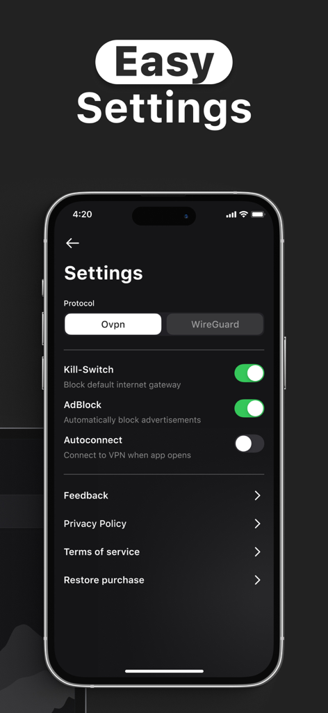 Schermata delle impostazioni di AlpineVPN che mostra la selezione del protocollo e i toggle per kill switch e adblock
