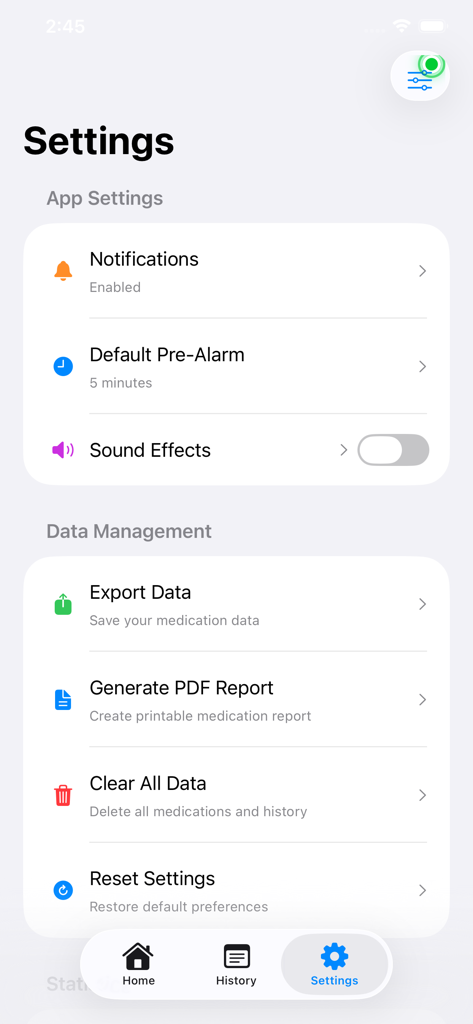 A interface de configurações do aplicativo Track Your Pills exibindo preferências de notificação e opções de gerenciamento de dados, como a geração de relatórios em PDF