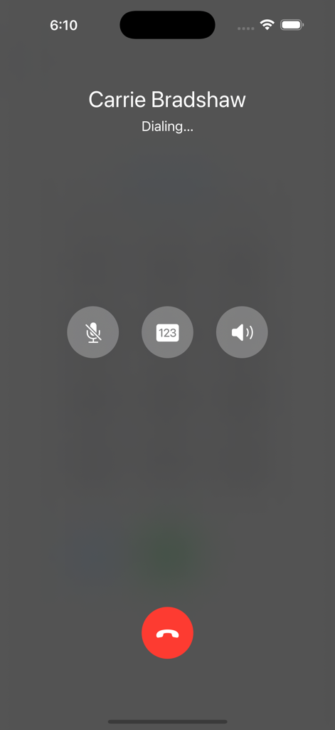 DialBack - Dialing screen of the DialBack app showing an outgoing call with options for mute, keypad, and speaker