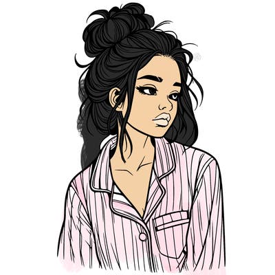 realistic woman with pajamas on and a messy bun