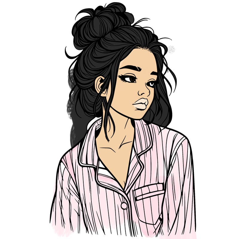 realistic woman with pajamas on and a messy bun