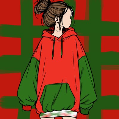 realistic girl with a oversized sweatshirt on and a bun