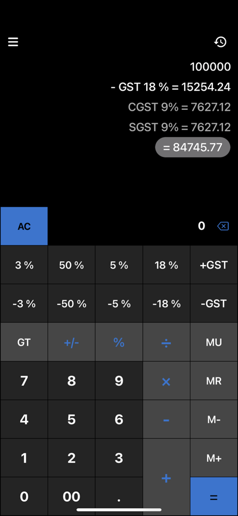 Gst Calculator - Tax Clac - MwSt.-Rechner-Mobil-App-Oberfläche, die eine Steuerberechnung mit CGST- und SGST-Aufschlüsselung zeigt
