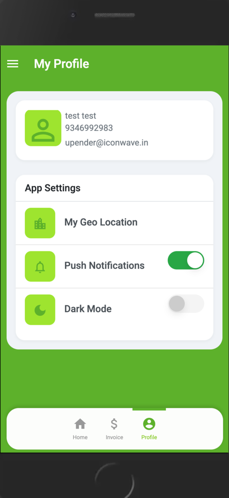 FAAST USER APP - FAAST User App profile screen displaying user account details and app settings including push notifications and dark mode toggles