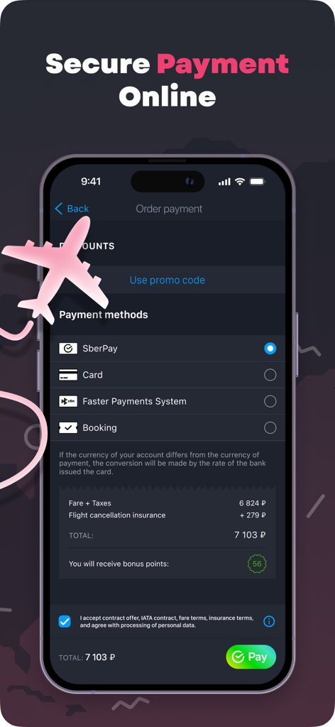 Anywayanyday: Flights & Hotels - Anywayanyday app interface showing secure payment options for flight and insurance bookings including SberPay and card methods