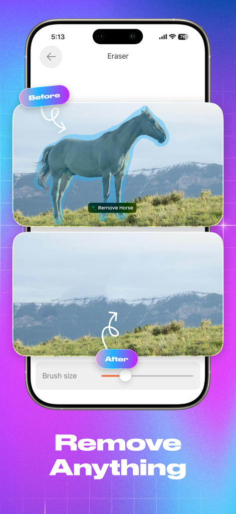 Photo Remover - Erase Objects - Screenshot showing a horse being removed from a mountain landscape using an AI photo editing tool