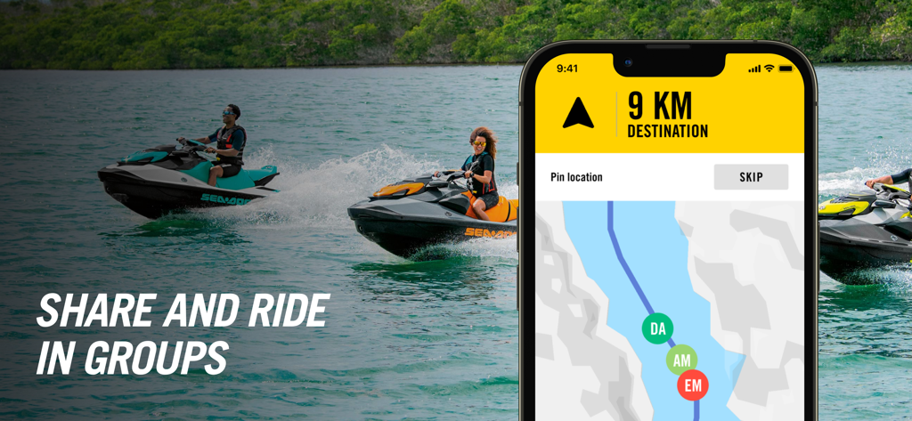 BRP GO!: Maps & Navigation - BRP GO app displaying group tracking and navigation for people riding Sea-Doo personal watercraft