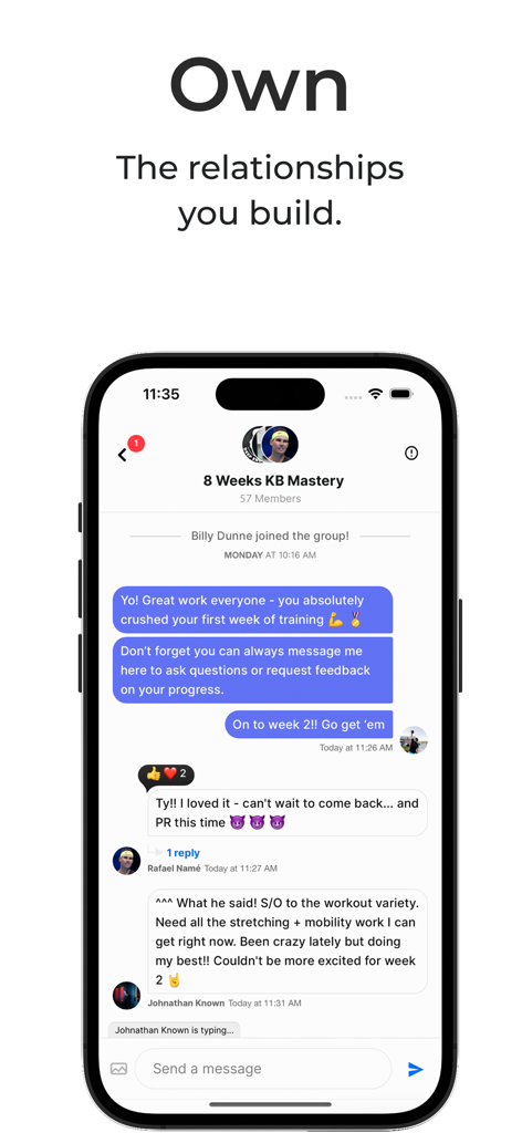Somble - Somble app interface showing a group chat titled 8 Weeks KB Mastery where a fitness coach interacts with their community of clients.