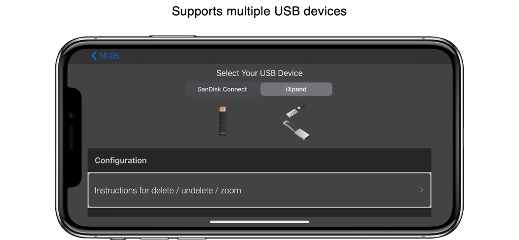 Interface do aplicativo SentryView mostrando a seleção de dispositivos USB SanDisk Connect e iXpand para filmagens do dashcam Tesla