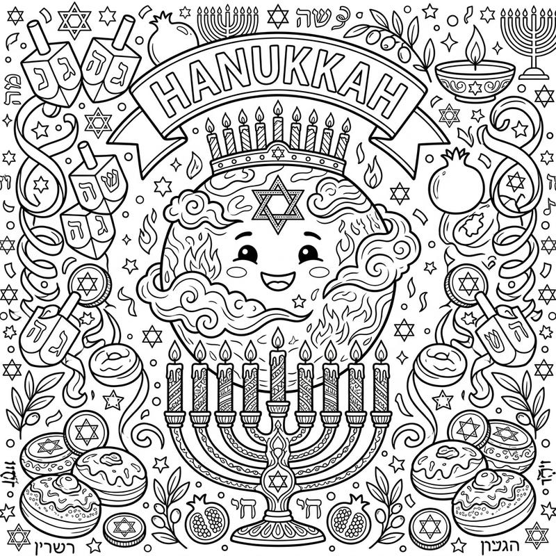 Get ready to celebrate Hanukkah in a truly out-of-this-world way with this unique coloring page! Featuring a cheerful Venus surrounded by festive dreidels, menorahs, and delicious treats, it's perfect for teens seeking creative fun.