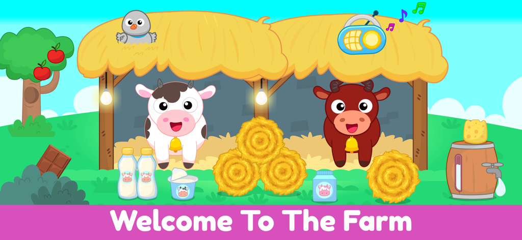 My Little Farm Game Kids World - Simpatiche mucche dei cartoni animati in un riparo agricolo con fieno e bottiglie di latte