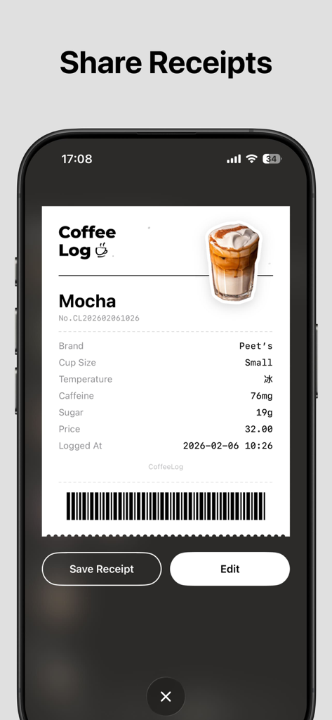 CoffeeLog - Coffee Tracker - Un recibo de café digital estilo vintage en la aplicación CoffeeLog que muestra los detalles de un Moca de Peet's.