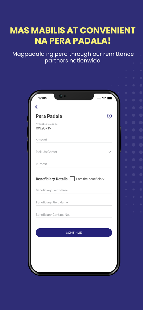 Tela de smartphone do aplicativo HelloPag-IBIG mostrando o formulário de transferência de dinheiro Pera Padala com campos para valor, centro de retirada e detalhes do beneficiário.