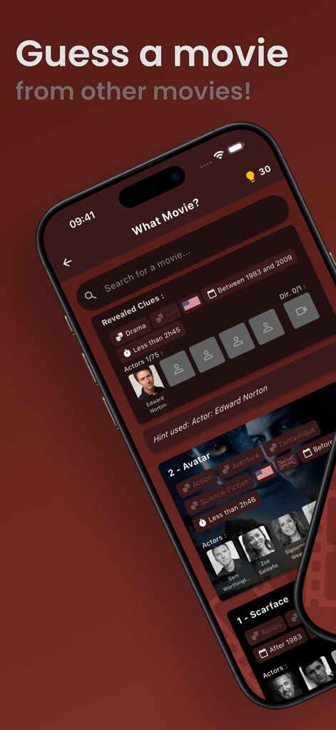 What Movieアプリのゲームプレイ画面。俳優エドワード・ノートンや映画公開年の範囲のような手がかりが表示され、ミステリー映画を推測します